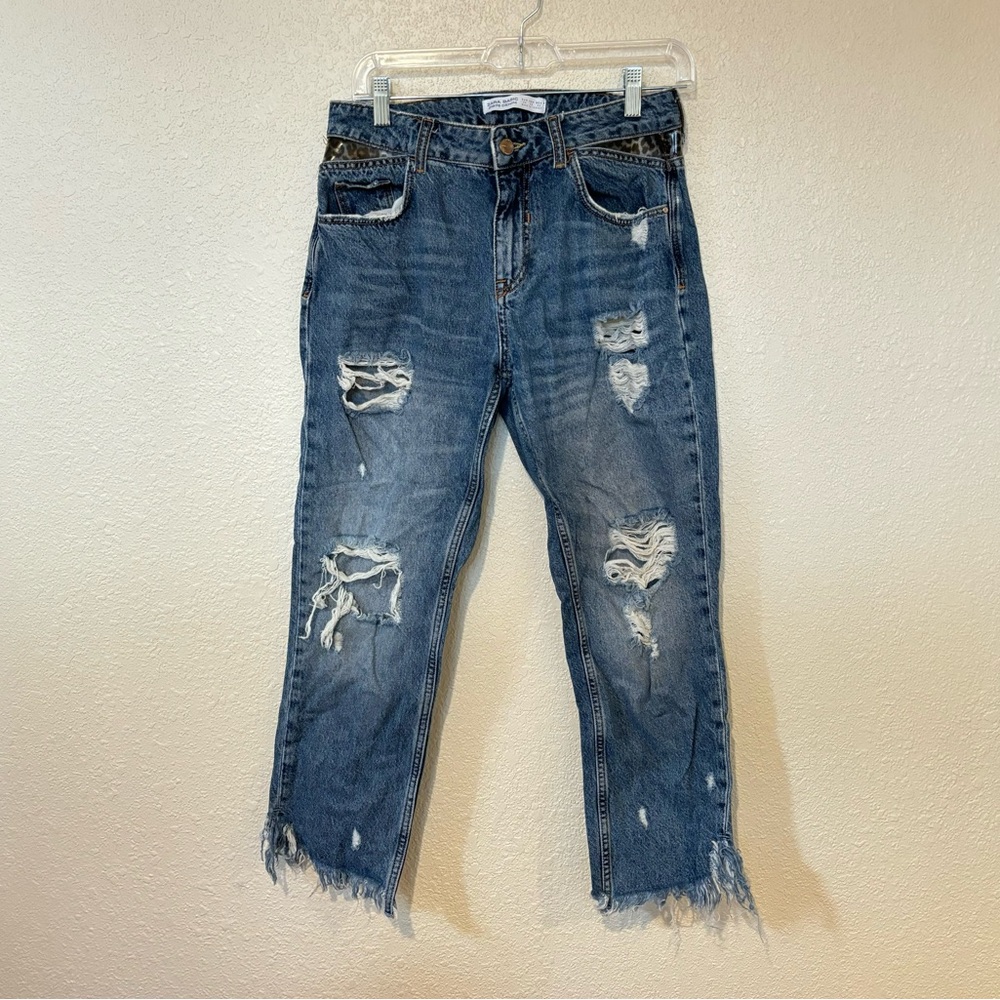 Zara Medium Wash Distressed High Waist Jeans with Leopard Inset at Waist 2